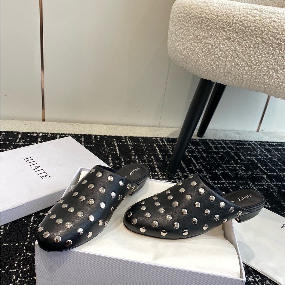 KHAITE Black Leather Studded Slip-On Mules - Picture 5 of 8